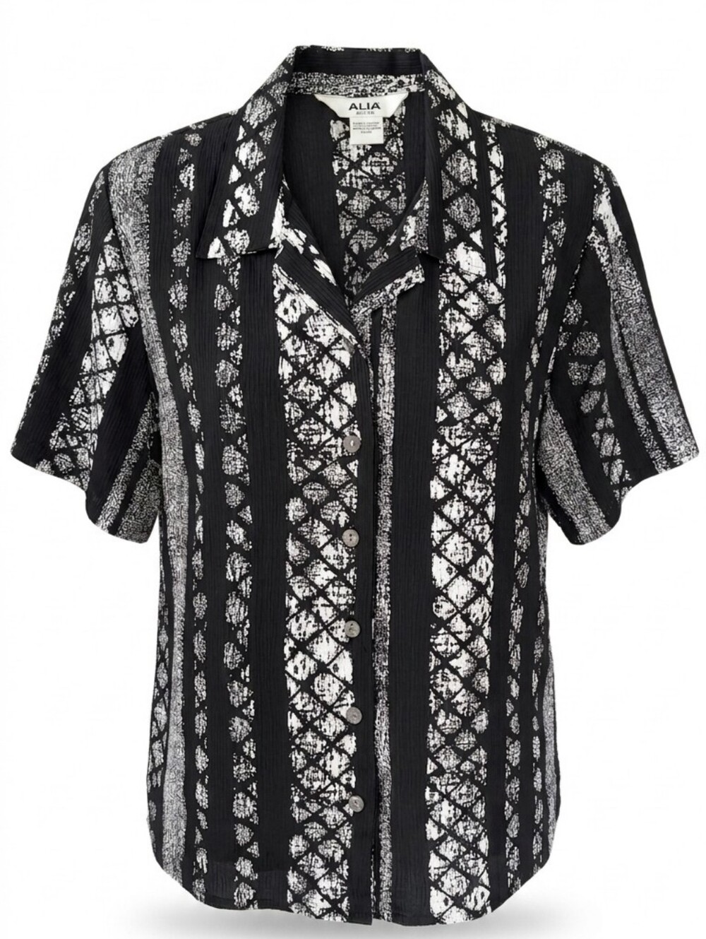 Vintage ALIA Black White Geometric Print Retro Short Sleeve Button Down Shirt 10